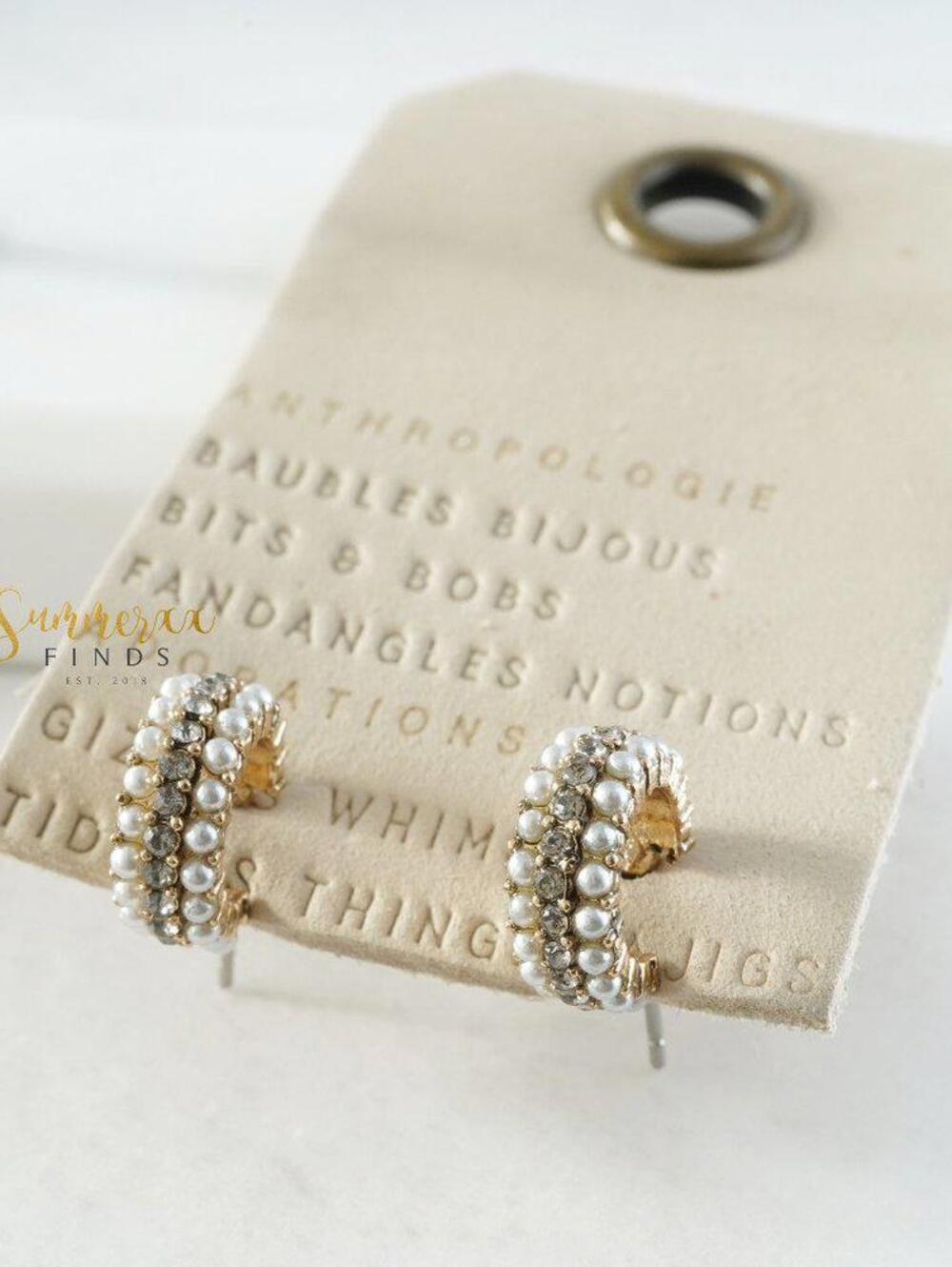 Anthropologie Crystal Pearl Embellished Mini Hoop Earrings